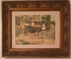 Cows. Antique watercolor painting. In excellent condition. Early 1900s.
