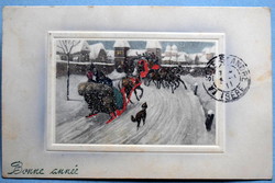 Antique v.K. Vienne embossed New Year greeting card - winter landscape, snowfall, horse-drawn sleigh 1911