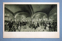 Interior of the Pilvax coffee house from 1848 - the Petőfi centenary - engraving-like postcard after a painting from 1923