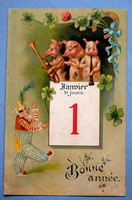 Antik  Újévi üdvözlő litho  képeslap -  malac zeneka , bohóc, jan 1. 4levelű lóhere  1906ból