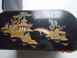 1940 Vintage black lacquer and metal cigarette holder box with a colorful oriental landscape