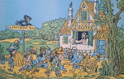 Mihály Gácsi: Snow White and the Seven Dwarfs (colored linocut) fairy tale illustration