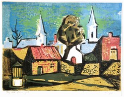 György Hegyi (1922-2001): landscape with two towers - original linoleum engraving, framed