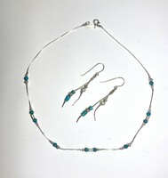 Israeli silver jewelry set: necklace and earrings, with turquoise and pearls, magnolia