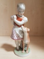 Színes herendi(kézzel festett) porcelán figura, lány kutyával