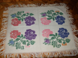 Antique embroidered, fringed needlework tablecloth with interesting embroidery, such tablecloths are no longer made