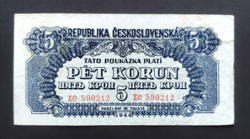 Csehszlovákia 5 Korona, Korun 1944, VF+