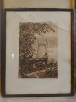 Béla Kron: chain bridge, etching