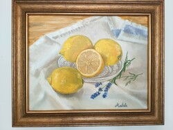 Lemon-lavender still life, oil painting