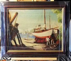 Well-painted, signed Art Deco oil painting (overall size 36 x 43.5), in new frame