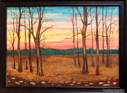 Vilmos Koch (1927-): sunset - oil painting, original frame (forest landscape)
