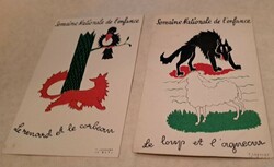 2 old French fairy tale graphics, postcards (fox, crow, wolf, lamb)