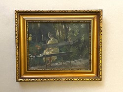 Lady sitting on a bench, park detail antique oil on wood panel painting in original gold frame