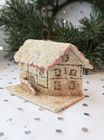 Régi sópapír ház karácsonyfa dísz 6x5cm
