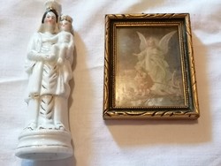 Vintage porcelain mary and guardian angel old glass picture