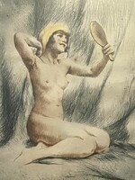 Art deco nude girl with mirror marked antique colored etching female nude in frame.