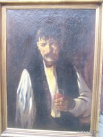 Szüle Péter: Borozgató legény  Olaj, vászon, 70 x 51 cm + keret.  Jelezve jobbra középen: Szüle