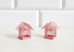 Tiny pink metal cage with a white bird - doll house accessory, doll furniture, miniature