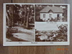 Old postcard: Kácsfürdő, promenade, Sándor szabo's shop, view