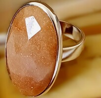 Huge 15 g sunstone silver ring, natural gemstone heart moon star motif socket
