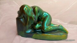 Zsolnay eozin glazed nude sculpture of a woman prostrated in despair