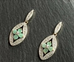 • Genuine, Natural Emerald Gemstone Sterling Silver Earring 925, 14K Gold Plated - New