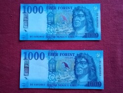 UNC 1000 Ft papír pénz duo egymást követő sorszámmal hajtatlan gyönyörű állapotú bankjegy 2017