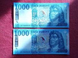 1000 HUF paper money duo with consecutive serial numbers, unfolded banknote in beautiful condition 2021 unc