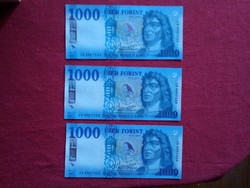 UNC 1000 Ft papír pénz trió egymást követő sorszámmal hajtatlan gyönyörű állapotú bankjegy 2021