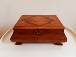 Antique Biedermeier veneered wooden chest, box, with original key