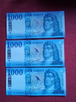 HUF 1,000 paper money trio with consecutive serial numbers, unfolded banknote in beautiful condition 2021