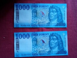UNC 1000 Ft papír pénz duo egymást követő sorszámmal hajtatlan gyönyörű állapotú bankjegy 2021