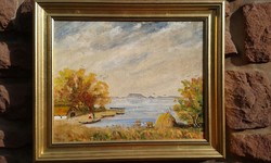Irányi Iritz Sándor Festmény régi Balaton olaj fa 40x50 cm tájkép laparanyozott képkeret külm: 51x61