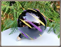 Nagyméretű, festett, fekete üveg gömb karácsonyfadísz