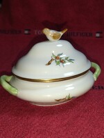 Beautiful Herend Hecsedli rosehip eared porcelain sugar bowl bonbonier with bird handle