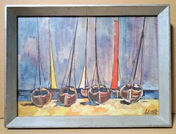 Harbor - painting in silver frame, signed - navigation, ships, sea