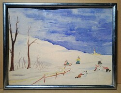 Cheerful winter scene with children (watercolor in silver frame), snowman, sledding