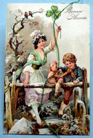 Antique embossed New Year greeting card - happy children, pig, 4-leaf clover, winter landscape