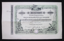 Tószegi Gőzmalom Részvénytársaság részvény 500 korona 1893 - Tószeg