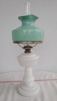 Milk glass table kerosene lamp, flawless, with green shade, 47 cm high