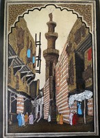 Colored Arabic street scene scratched on a copper plate