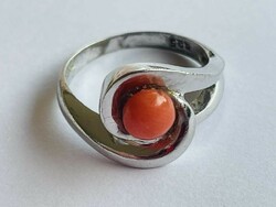 Silver ring with coral stone