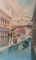 A. Biondetti: Velence, Sóhajok hídja (antik akvarell) itáliai festő, Olaszország