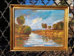 János Bozsó: yew bank, oil, wood fiber 60 x 80 cm, cute picture frame, painting, landscape