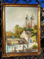 Forest László: Balaton, Tihany Abbey, oil, cardboard 50x70cm, landscape, antique cute picture frame.