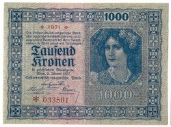 1000 Korona kronen 1922 Austria 2. Aunc