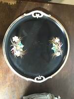 Art Nouveau porcelain serving tray, with a hand-painted flower pattern on the black inner surface.