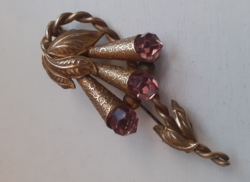 Antique sophisticated flower brooch pin with polished pink set stones and set with set stone