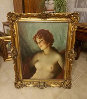 Antique female nude painting by István Szász!