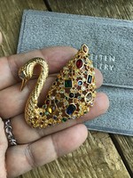 Vintage 1995 gilded swan brooch decorated with swarovski crystal stones